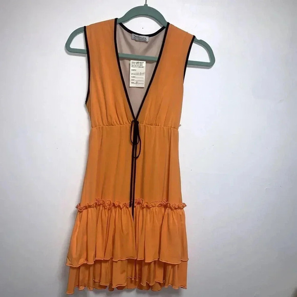 Women's Y2K princy by Jessica Simpson Mini Dress Orange Size S RuffleTrim VNeck - Picture 2 of 7
